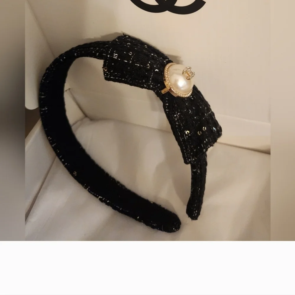 CHANEL Black Tweed Headband with Pearl Accent